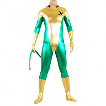 Golden and Green Mixed Color Shiny Metallic Spandex Catsuit with Tail