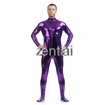 Man's Full Body Purple Color Shiny Metallic Zentai(Front Zipper) 