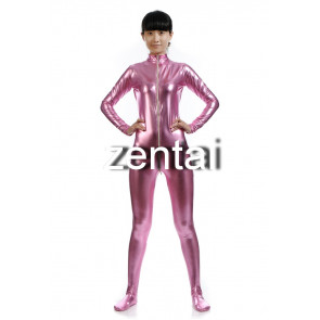 Woman's Full Body Pink Color Shiny Metallic Zentai(Front Zipper)