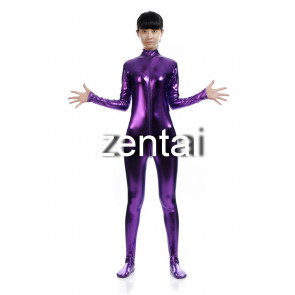 Woman's Full Body Purple Color Shiny Metallic Zentai(Front Zipper)