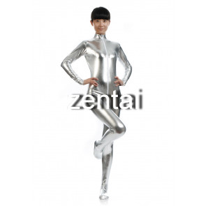 Woman's Full Body Silver Color Shiny Metallic Zentai(Front Zipper)