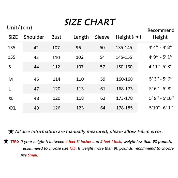 Cosplay Size Chart