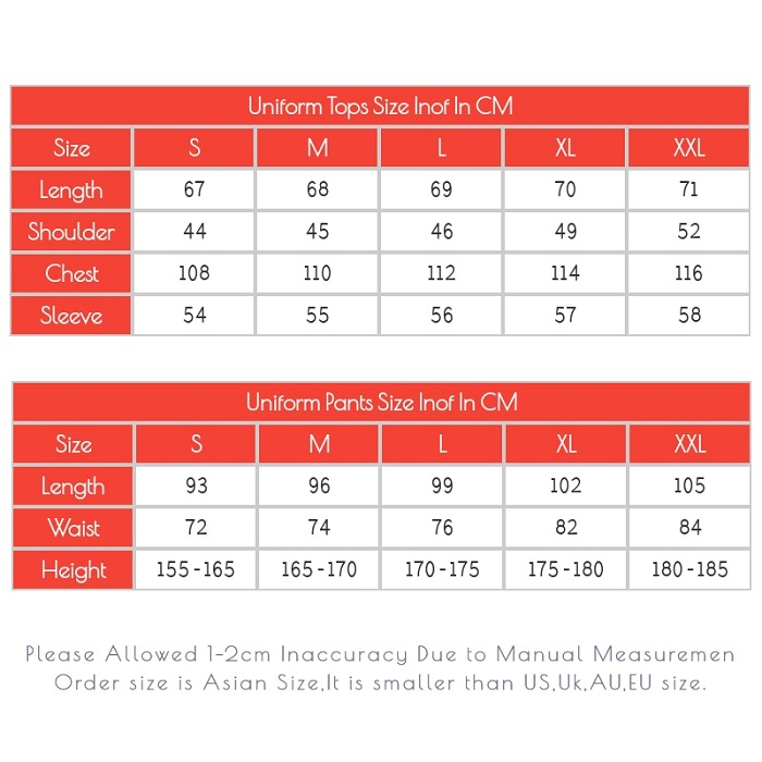 Cosplay Size Chart